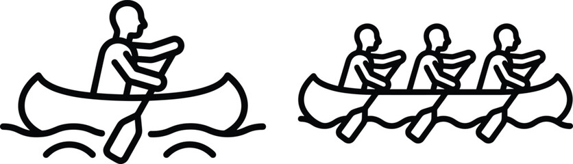Rowing Boat Icon Set with Single and Team Rowers Paddling Canoe for Sports, Water Activity, and Fitness Designs © MdMustak