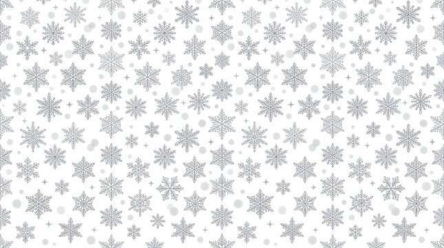 Seamless winter pattern featuring delicate grey snowflakes and subtle dots on white background