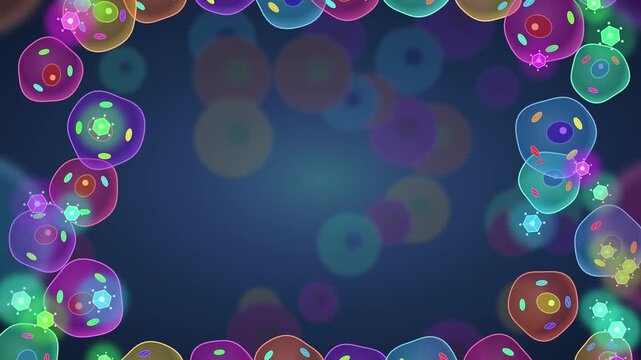 Bioluminescent viral particles float among vibrant cells seamless loop