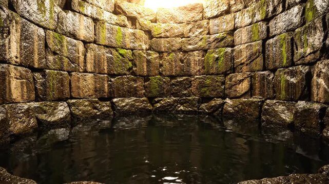 Ancient stone well with dark water and mossy walls under bright sunlight.