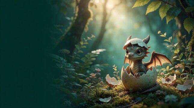 Baby dragon hatching from an egg in an enchanted forest