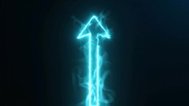 Cyan neon arrow pointing up with energy smoke on black.