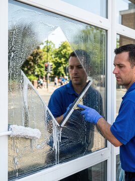 Professional Male Window Cleaner Using a Squeegee to Clean a Soapy Glass Window of a Commercial Building