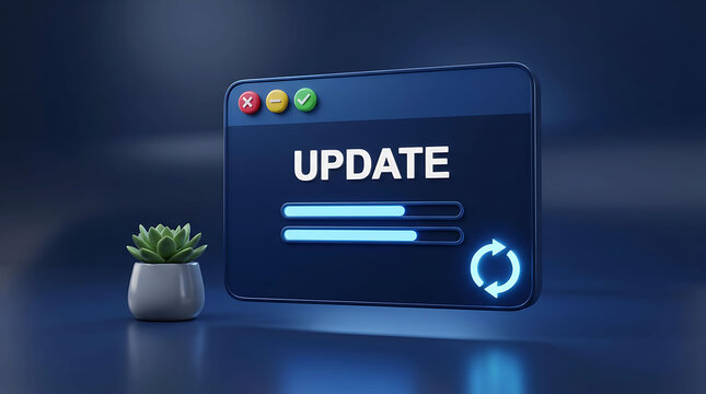 3D software update window with loading progress bar and small succulent plant