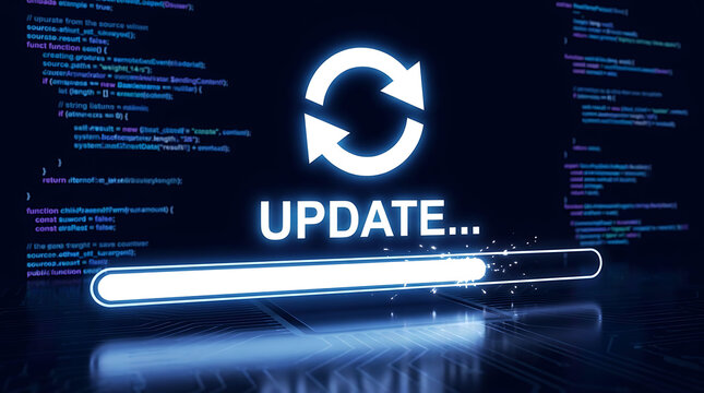 Software system update process with loading bar and computer code background