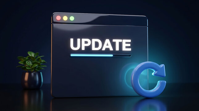 3D render illustration of system update progress bar and software refresh icon