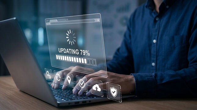 Man typing on a laptop with a futuristic system software update loading screen