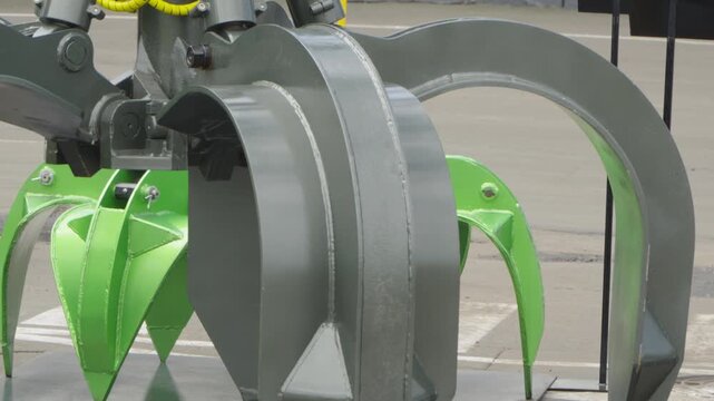 A heavy-duty gray and green hydraulic scrap grapple attachment with hydraulic cylinders and yellow hoses is displayed outdoors on an asphalt surface.