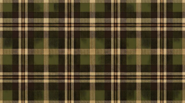 Green and brown plaid pattern textile texture featuring classic woven tartan fabric graphic background design