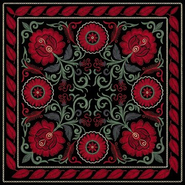 Traditional folk art embroidery pattern featuring red flowers and green leaves on black background