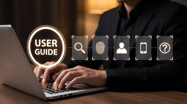 Businessman working on laptop with digital user guide and tech icons interface