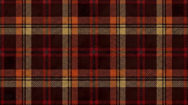 Vibrant red and brown tartan plaid fabric pattern featuring classic intersecting lines and diagonal weave details