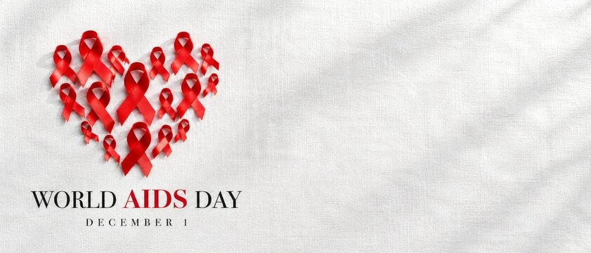 World AIDS Day red ribbon heart arrangement on white fabric with copy space