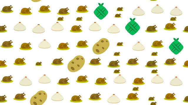 Pattern of roasted chickens, potatoes, and green dumplings
