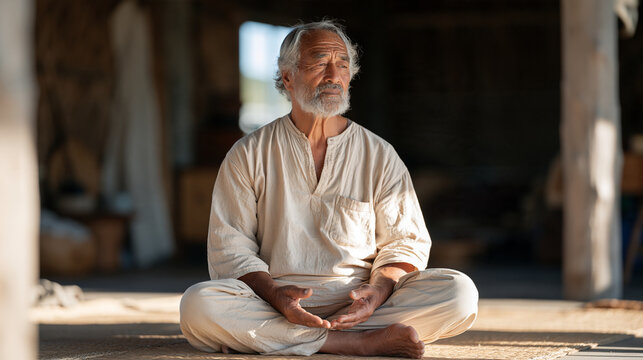 Maori elder sitting cross legged on plain matting, hands resting open in lap, unadorned traditional space, meditative stillness, indigenous calm, essential living, quiet