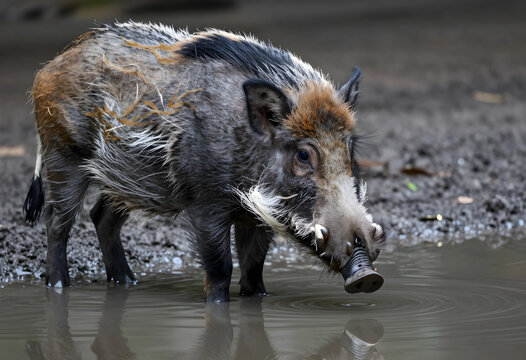 Wild boar in nature, wildlife conservation and biodiversity concept, sus scrofa standing in a muddy pond for hydration in a forest environment