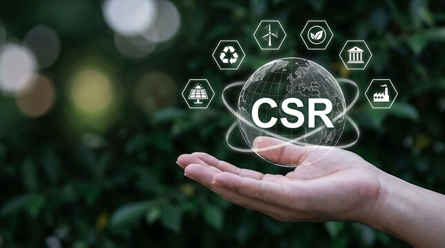 Corporate social responsibility concept with glowing globe and green icons