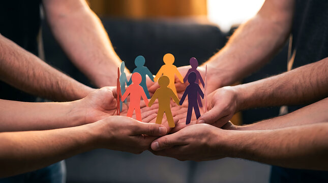 Diverse hands holding a circle of colorful paper people figures together