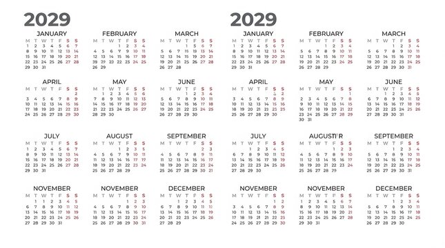 Minimalist calendar design for year two thousand twenty nine featuring clean black typography style