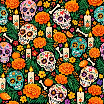 Vibrant Dia de los Muertos seamless pattern featuring ornate sugar skulls marigolds candles and bones on a black background