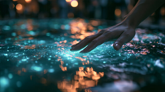 Hand Touching Bioluminescent Glowing Water at Night