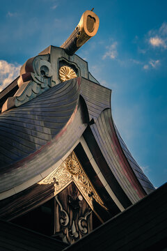 Beautiful view of the ornate roof architecture of the main building of the Meiji Jingu Shrine in Tokyo, Japan