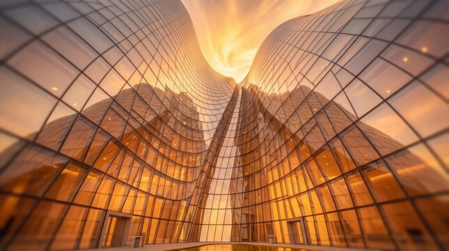Futuristic Curved Glass Skyscraper Architecture at Sunset