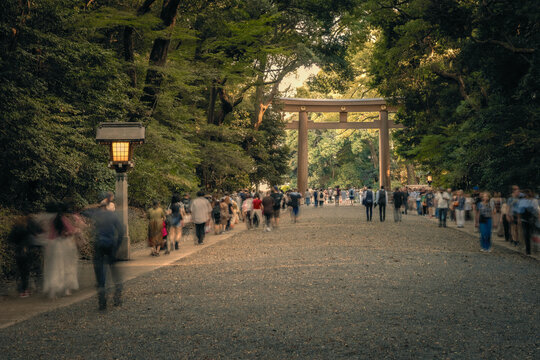 Stunning, beautiful view of tourists and pilgrims passing the Myojin-style Meiji Jingu Ichino Torii at the Meiji Jingu Shrine in Tokyo, Japan