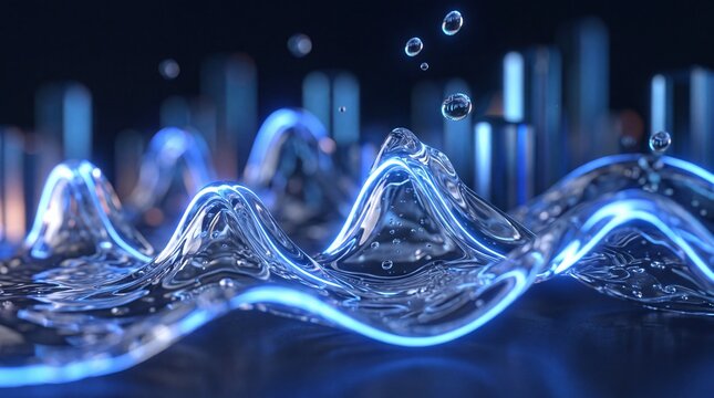 Futuristic Glowing Blue Wave with Floating Liquid Droplets