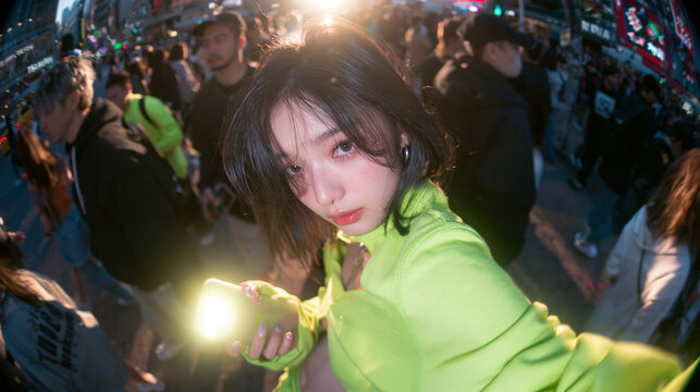 Young Woman Taking Selfie in Crowded City at Night