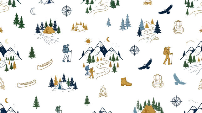 hand drawn seamless vector illustration of mountain adventure