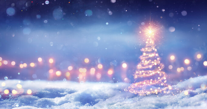 Christmas Tree Made Of Lights On Snow In Night - Fir Tree With Shiny Star In Abstract Winter Background - Festive Bokeh Lights