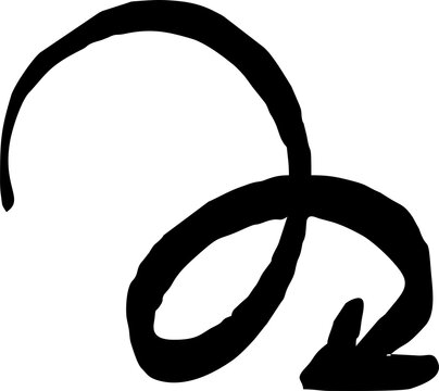 Black, thick, curving arrow with a loop and a sharp tip
