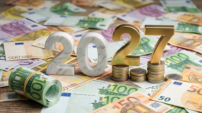 Shiny gold and marble numbers twenty twenty seven standing on piles of euro currency