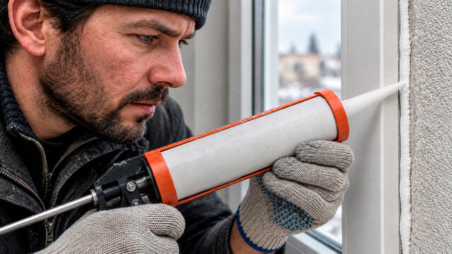 Handyman applying white silicone sealant around a window frame. Focused male construction worker using a caulking gun for home insulation and repair