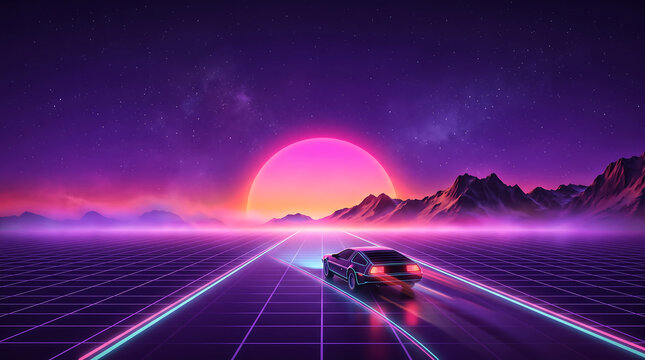 Retro synthwave car driving on a digital grid landscape with a glowing neon sun