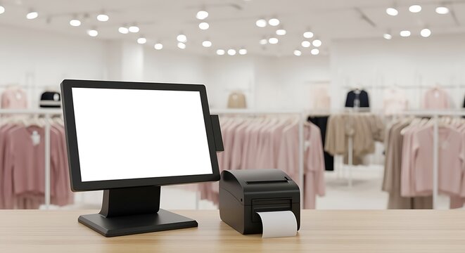 Point of Sale System on Wooden Counter in a Modern Clothing Store