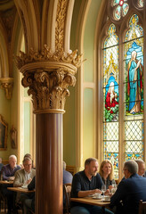 Obraz premium Social connection and community gathering, diverse group of people dining in a historic restaurant with ornate architecture and stained glass windows