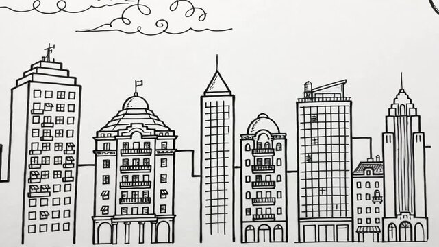 Continuous Line Drawing of City Skyline Minimalist Hand Drawn Urban Animation Loop