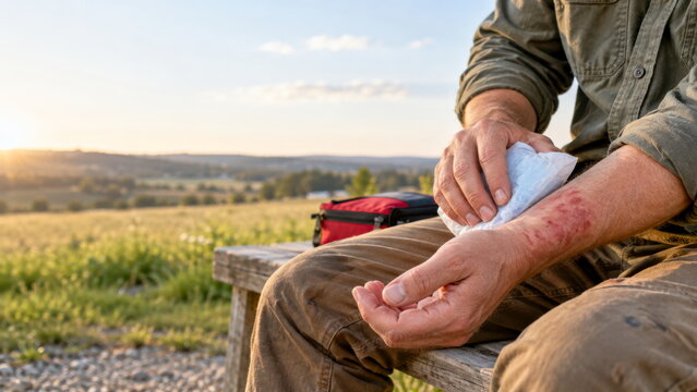 Cool compress applied to an irritated wrist outdoors for simple first aid