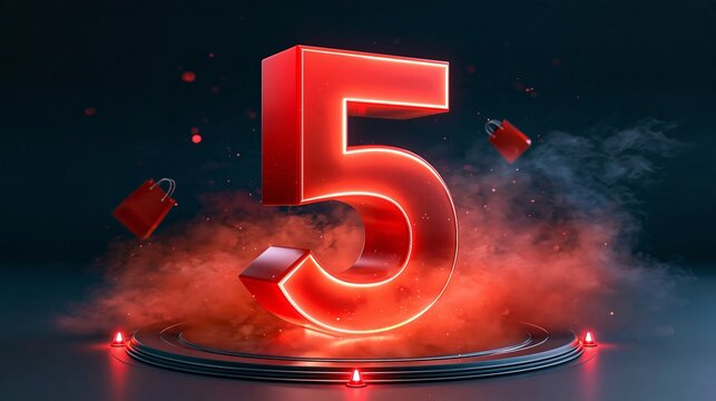 Digital Black Friday Countdown Five Concept with Glowing Glowing Red Symbol In Dramatic Smoke Scene.