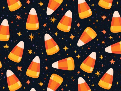 Candy corn illustrations on a dark starry background