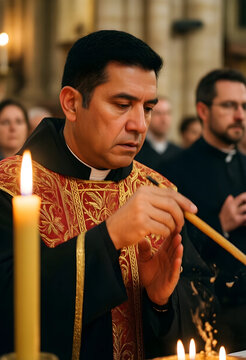 Religious faith and spiritual devotion, catholic priest performing liturgy with incense and candles during a solemn church service in a cathedral