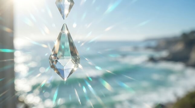 Crystal prism hanging with light flares and ocean background