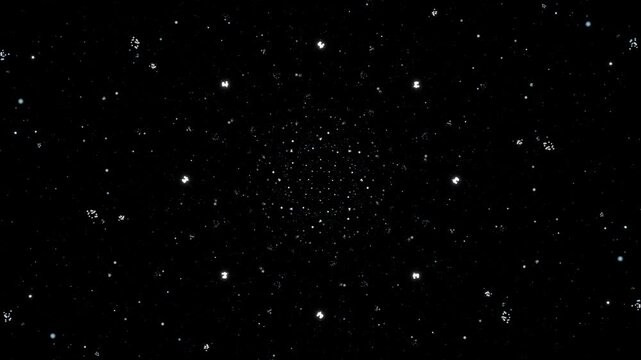 アイスブルーの星粒が漆黒空間を回転しながら奥から手前へ迫る4Kループ動画。テクノロジー広告や配信背景、イベント演出に最適なシネマティック素材