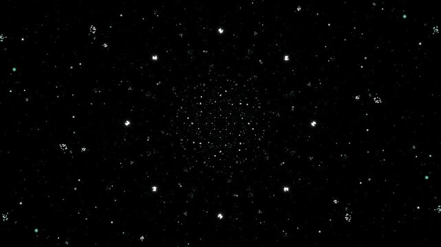 エメラルドの星粒が漆黒空間を回転しながら奥から手前へ迫る4Kループ動画。テクノロジー広告や配信背景、イベント演出に最適なシネマティック素材