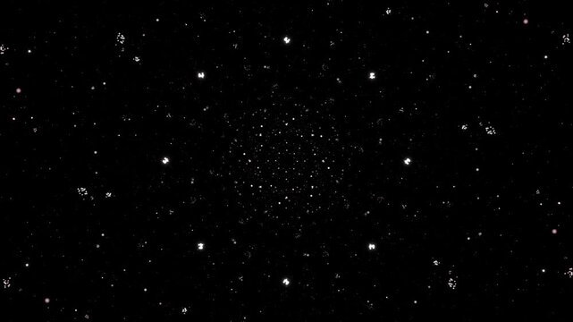 ローズゴールドの星粒が漆黒空間を回転しながら奥から手前へ迫る4Kループ動画。ブライダル広告や美容LP、イベント演出に最適なシネマティック素材