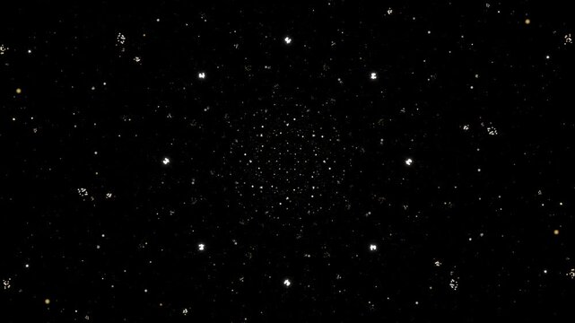中央に増量した星粒が漆黒空間を回転しながら奥から手前へ迫る4Kループ動画。テクノロジー広告や配信背景、イベント演出に最適なシネマティック素材