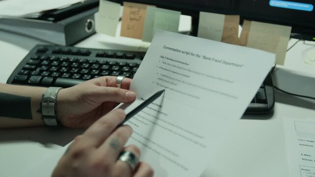 Unrecognizable hacker holding pen and reviewing bank fraud department script document on office desk. Useful for cybersecurity training and financial scam awareness