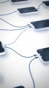 Vertical view of clean dashboard nodes with bar charts linked by dashed paths on white, minimal 3D style for AI workflow reels, SaaS promos and social media stories.